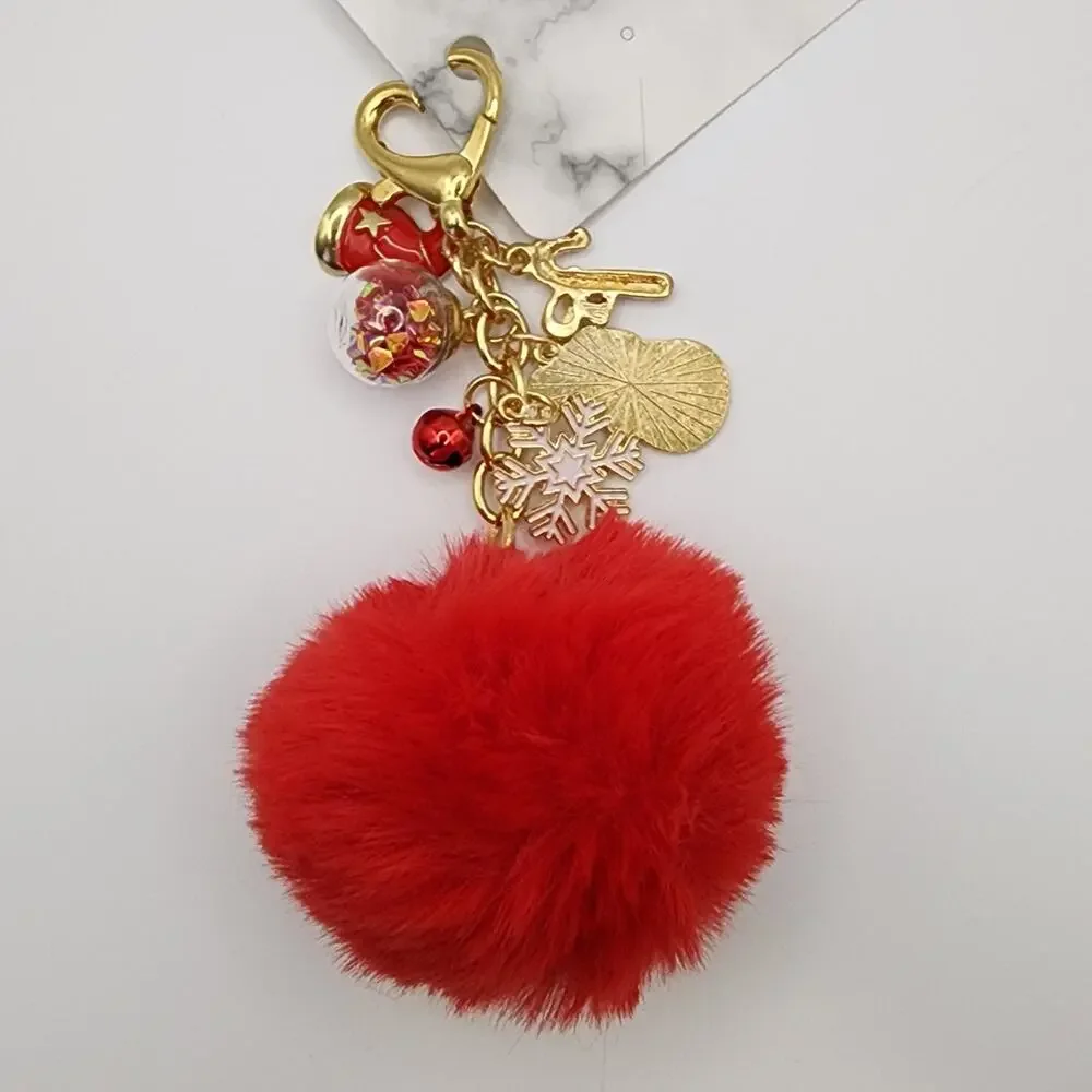 Red Pompom Christmas Keychain Bag Charm Snowman Santa Hat Snowflake